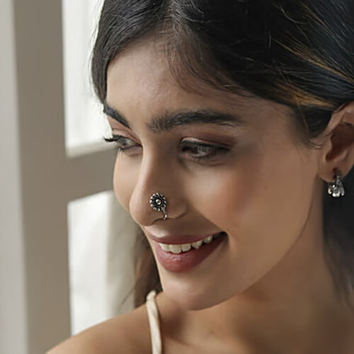 Fida Stones Silver-Plated Oxidised Floral Tribal Nosepins For Women, 6 pcs (Free Size)
