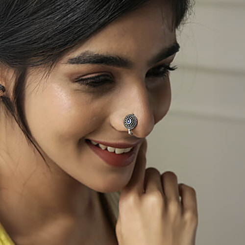 Fida Stones Silver-Plated Oxidised Floral Tribal Nosepins For Women, 6 pcs (Free Size)
