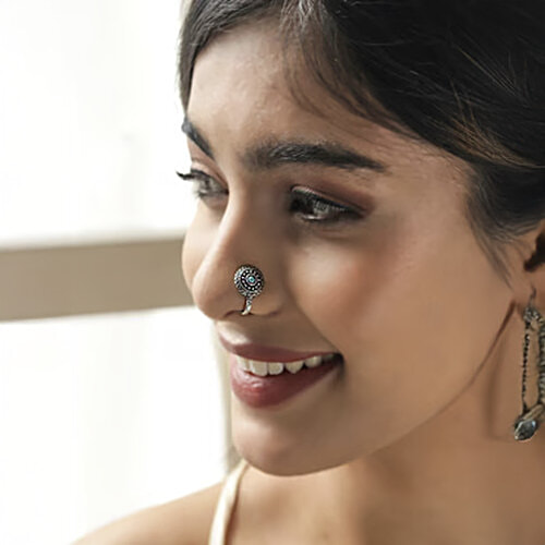 Fida Stones Silver-Plated Oxidised Floral Tribal Nosepins For Women, 6 pcs (Free Size)