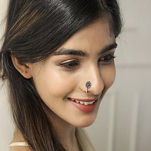 Fida Stones Silver-Plated Oxidised Floral Tribal Nosepins For Women, 6 pcs (Free Size)