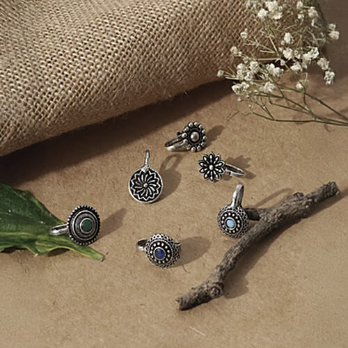 Fida Stones Silver-Plated Oxidised Floral Tribal Nosepins For Women, 6 pcs (Free Size)