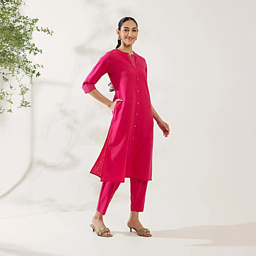 Daali Pink Plain Kurta With Pant, 1 Set (Size - XL)