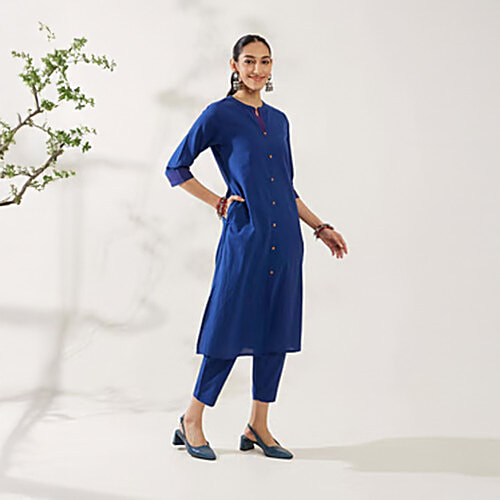 Daali Navy Plain Kurta With Pant, 1 Set (Size - L)