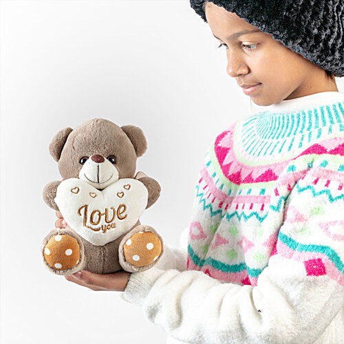 Dimpy Stuff Brown Teddy Bear Holding White Love You Heart, 1 pc  
