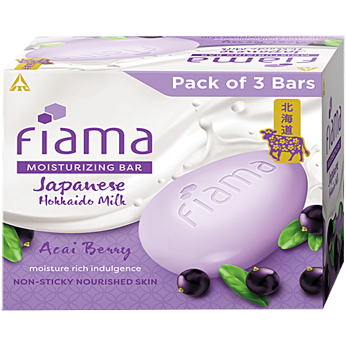 Fiama Japanese Hokkaido Milk & Acai Berry Moisturising Soap Bars, 125 g (Pack of 3) Silky Moisturisation & Fragrant Freshness, 1/3 Skin Moisturisers & Vitamin F