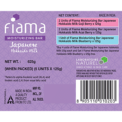 Fiama Japanese Hokkaido Milk & Berries Moisturising Soap Bars - Celebration Pack, 125 g (Pack of 5) (Buy 4 Get 1 Free) Non-Sticky Nourished Skin, Silky Moisturisation & Fragrant Freshness, 1/3 Skin Moisturisers & Vitamin F