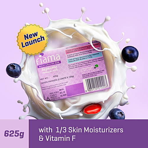 Fiama Japanese Hokkaido Milk & Berries Moisturising Soap Bars - Celebration Pack, 125 g (Pack of 5) (Buy 4 Get 1 Free) Non-Sticky Nourished Skin, Silky Moisturisation & Fragrant Freshness, 1/3 Skin Moisturisers & Vitamin F