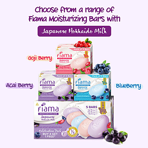 Fiama Japanese Hokkaido Milk & Berries Moisturising Soap Bars - Celebration Pack, 125 g (Pack of 5) (Buy 4 Get 1 Free) Non-Sticky Nourished Skin, Silky Moisturisation & Fragrant Freshness, 1/3 Skin Moisturisers & Vitamin F