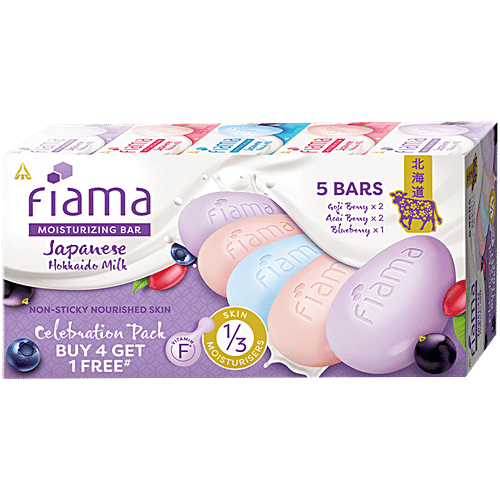 Fiama Japanese Hokkaido Milk & Berries Moisturising Soap Bars - Celebration Pack, 125 g (Pack of 5) (Buy 4 Get 1 Free) Non-Sticky Nourished Skin, Silky Moisturisation & Fragrant Freshness, 1/3 Skin Moisturisers & Vitamin F