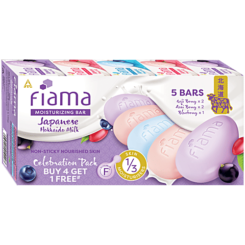Fiama Japanese Hokkaido Milk & Berries Moisturising Soap Bars - Celebration Pack, 125 g (Pack of 5) (Buy 4 Get 1 Free) Non-Sticky Nourished Skin, Silky Moisturisation & Fragrant Freshness, 1/3 Skin Moisturisers & Vitamin F