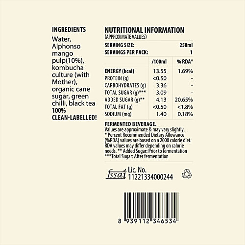 Local Ferment Co Mango & Chilli Kombucha - Live Sparkling Tea, 250 ml Non-Alcoholic