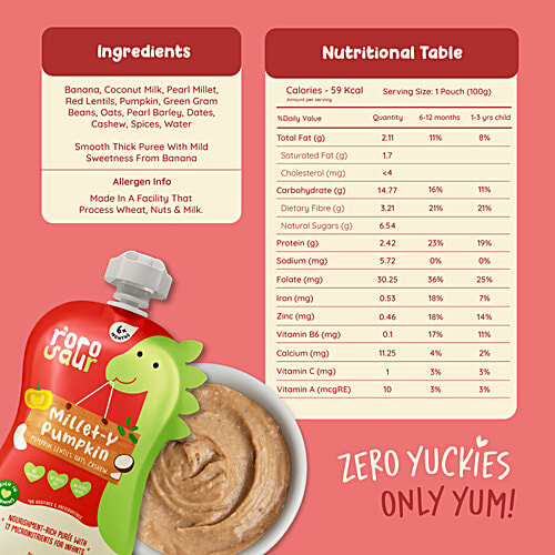 Rorosaur Millet-Y-Pumpkin Puree For Infants - 6+ Months, 100 g  Ready to Eat Cereal & Porridge for Little One, Rich in Vitamins/Minerals/Protein, No Added Sugar/Salt/Preservatives