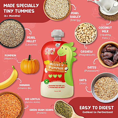 Rorosaur Millet-Y-Pumpkin Puree For Infants - 6+ Months, 100 g  Ready to Eat Cereal & Porridge for Little One, Rich in Vitamins/Minerals/Protein, No Added Sugar/Salt/Preservatives