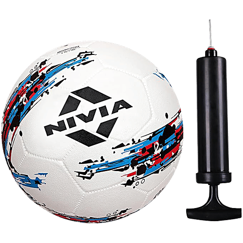 Nivia Storm Moulded Football Size 5 With Ball Pump - White, 2 pcs Combo 5 Size Football, 1 Pump
