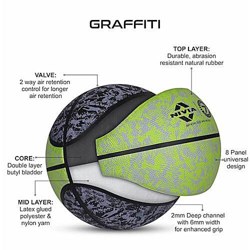 Nivia Graffiti Basketball - Black & Green, 1 pc (Size 7) 