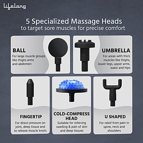 Lifelong Full Body Gun Massager With 5 Heads - 3 Modes, 99 Intensity Levels, Black, 1 Unit  