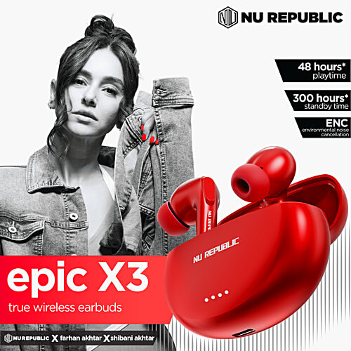 Nu Republic Epic X3 With X Bass, Up To 48 hrs Playtime, ENC Mic, Type C Fast Charging, Hall Sensor TWS Earbuds - Love Red, 1 pc  