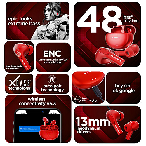 Nu Republic Epic X3 With X Bass, Up To 48 hrs Playtime, ENC Mic, Type C Fast Charging, Hall Sensor TWS Earbuds - Love Red, 1 pc  