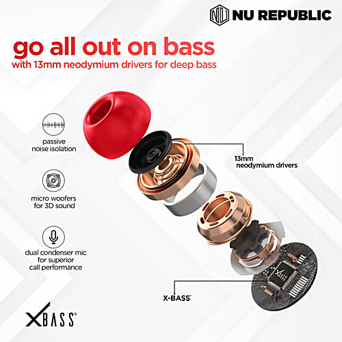 Nu Republic Epic X3 With X Bass, Up To 48 hrs Playtime, ENC Mic, Type C Fast Charging, Hall Sensor TWS Earbuds - Love Red, 1 pc  
