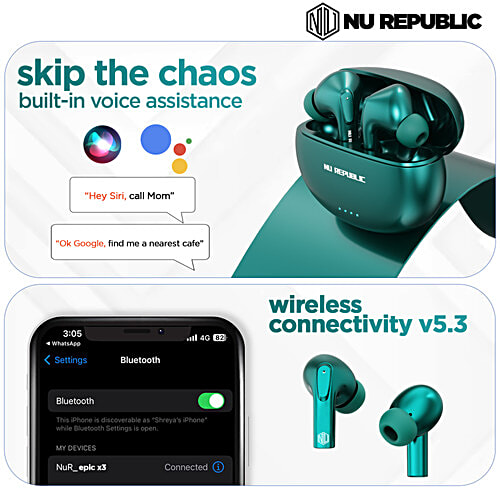 Nu Republic Epic X3 With X-Bass, Upto 48 hrs Playtime, ENC Mic, Type-C Fast Charging, Hall Sensor TWS Earbuds - Green, 1 pc  