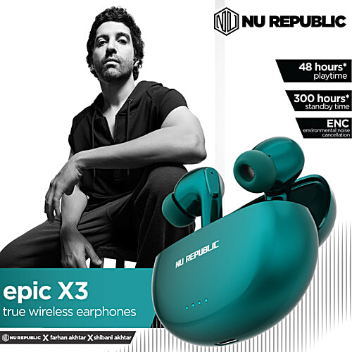 Nu Republic Epic X3 With X-Bass, Upto 48 hrs Playtime, ENC Mic, Type-C Fast Charging, Hall Sensor TWS Earbuds - Green, 1 pc  
