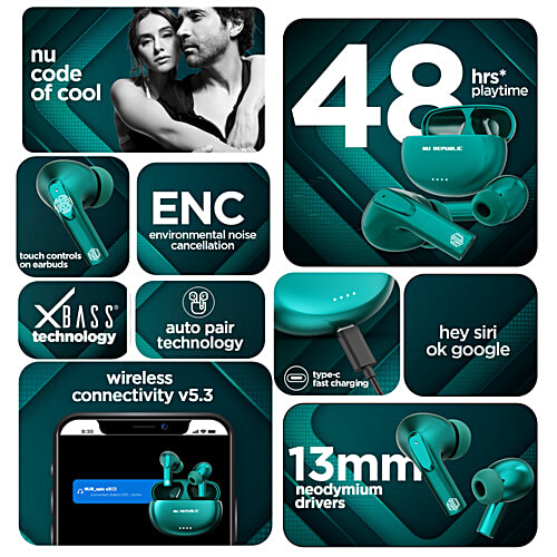 Nu Republic Epic X3 With X-Bass, Upto 48 hrs Playtime, ENC Mic, Type-C Fast Charging, Hall Sensor TWS Earbuds - Green, 1 pc  
