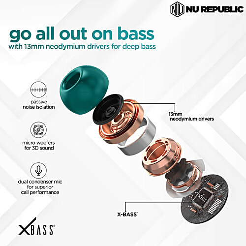 Nu Republic Epic X3 With X-Bass, Upto 48 hrs Playtime, ENC Mic, Type-C Fast Charging, Hall Sensor TWS Earbuds - Green, 1 pc  