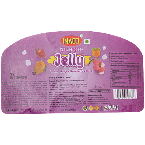 Inaco Nata De Coco Jelly - Lychee, Mango, Strawberry, Orange, 720 g (6 Cups x 120 g Each) 