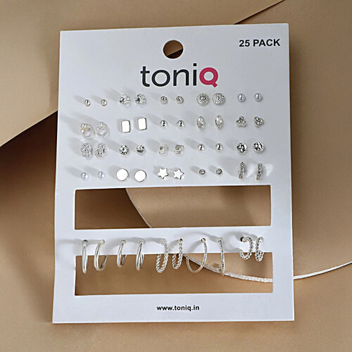 ToniQ Silver-Plated Hoop & Stud Earrings For Women, 25 Pairs