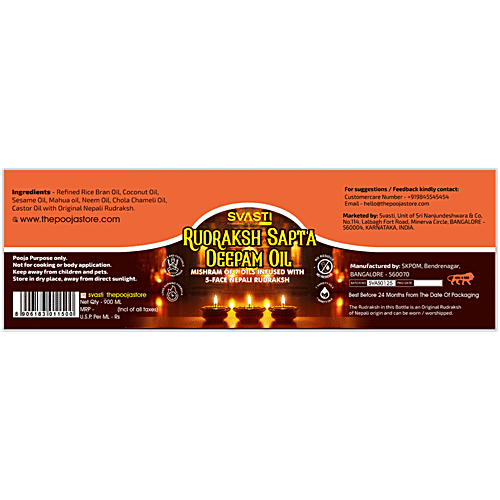 Svasti Rudraksh Sapta Deepam Oil, 900 ml  Mishram Of 7 Oils Infused With 5-Face Nepali Rudraksh