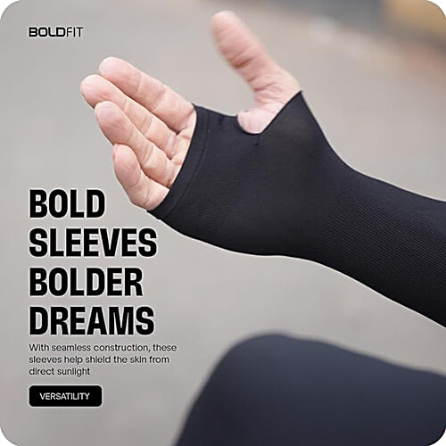 Boldfit UV Protection Hand Sleeves - With Thumb, Nylon Black, 1 Pair  