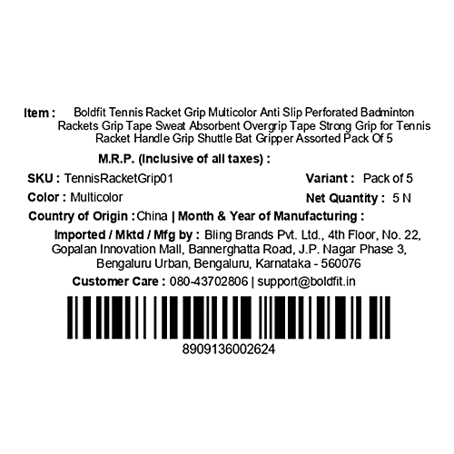 Boldfit AeroGrip Tennis Racket Anti Slip Tape - Multicolour, 5 pcs  