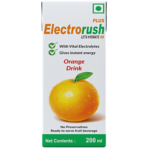 Electrorush Plus Orange Drink, 200 ml With Vital Electrolytes, Gives Instant Energy, No Preservatives, Ready To Serve Fruit Beverage