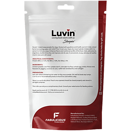 Luvin Slurpin' Chicken & Oats Instant Soup Powder - For Dogs, 120 g (Pack of 2) Rich in Omega 3 & 6, Prebiotic & Probiotics, No Added Colours, No Added Flavours & Preservatives, Mono-Protein