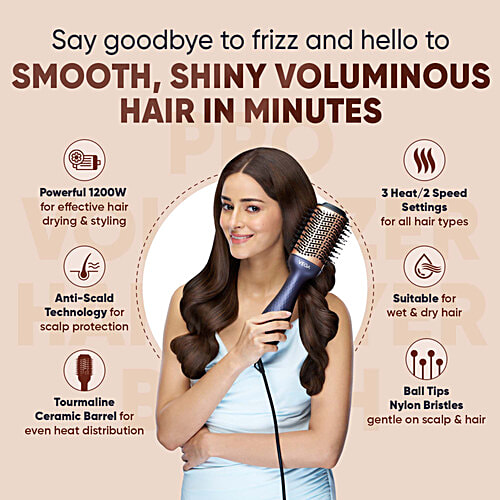 Vega Pro Volumizer Hair Dryer Brush VHSD-02 - For Women, 3 Heat/2 Speed, Blue & Gold, 1 pc Tangle-free Bristles with Massage Ball Tips, Ceramic Tourmaline Styling Surface