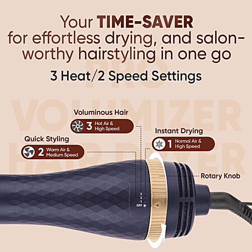 Vega Pro Volumizer Hair Dryer Brush VHSD-02 - For Women, 3 Heat/2 Speed, Blue & Gold, 1 pc Tangle-free Bristles with Massage Ball Tips, Ceramic Tourmaline Styling Surface