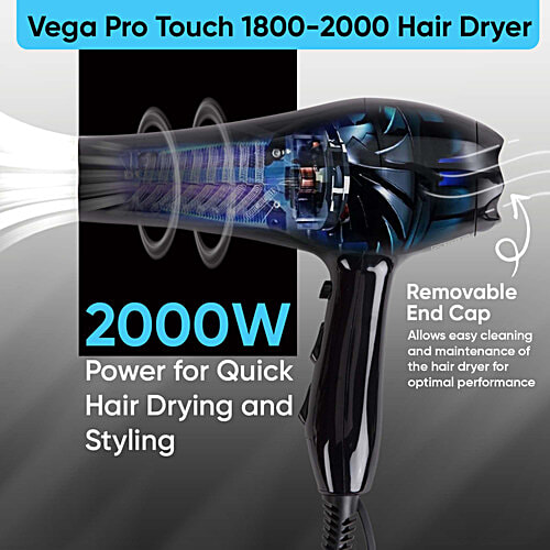 Vega Hair Dryer VHDP-02 - Pro Touch 1800-2000W, 2 Heat/2 Speed Settings, Black, 1 pc 2 Detachable Nozzles, Automatic Cut-out