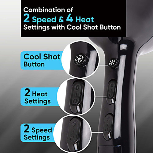 Vega Hair Dryer VHDP-02 - Pro Touch 1800-2000W, 2 Heat/2 Speed Settings, Black, 1 pc 2 Detachable Nozzles, Automatic Cut-out