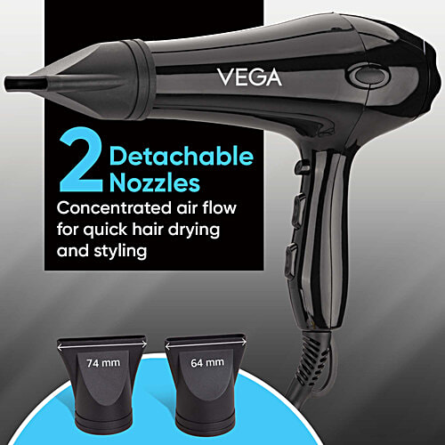 Vega Hair Dryer VHDP-02 - Pro Touch 1800-2000W, 2 Heat/2 Speed Settings, Black, 1 pc 2 Detachable Nozzles, Automatic Cut-out
