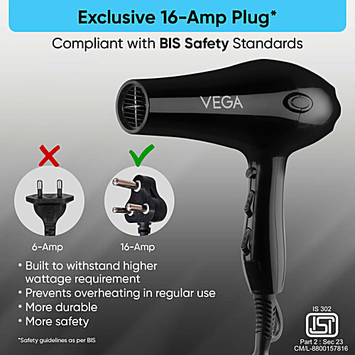 Vega Hair Dryer VHDP-02 - Pro Touch 1800-2000W, 2 Heat/2 Speed Settings, Black, 1 pc 2 Detachable Nozzles, Automatic Cut-out