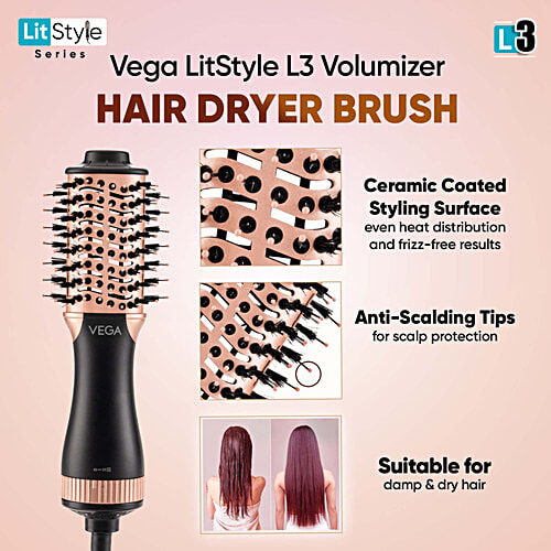 Vega LitStyle L3 Volumizer Hair Dryer Brush VHSD-03 - For Women, Black & Gold, 1 pc 3 Heat/2 Speed Settings, Ceramic Coated Styling Surface, Tangle-Free Bristles