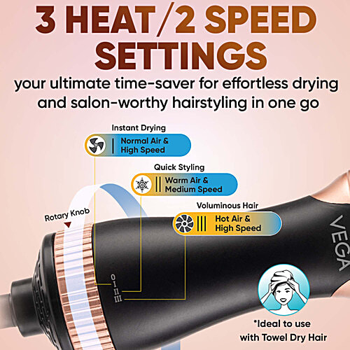 Vega LitStyle L3 Volumizer Hair Dryer Brush VHSD-03 - For Women, Black & Gold, 1 pc 3 Heat/2 Speed Settings, Ceramic Coated Styling Surface, Tangle-Free Bristles