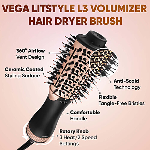 Vega LitStyle L3 Volumizer Hair Dryer Brush VHSD-03 - For Women, Black & Gold, 1 pc 3 Heat/2 Speed Settings, Ceramic Coated Styling Surface, Tangle-Free Bristles