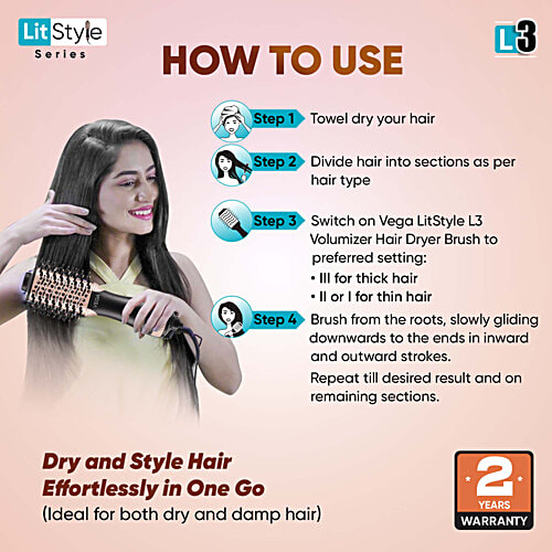 Vega LitStyle L3 Volumizer Hair Dryer Brush VHSD-03 - For Women, Black & Gold, 1 pc 3 Heat/2 Speed Settings, Ceramic Coated Styling Surface, Tangle-Free Bristles