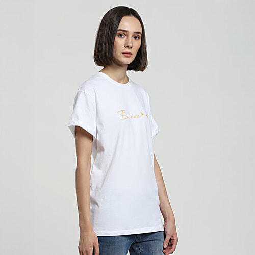 Bewakoof White Printed Crew T-Shirt, 1 pc (Size - L)