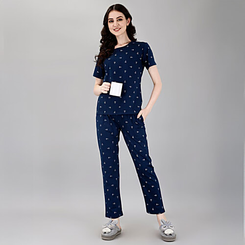 Smarty Pants Navy Printed T-Shirt With Pyjamas, 1 Set (Size - XL)