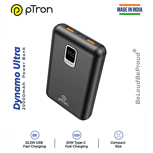pTron Dynamo Ultra 20000 mAh 22.5 W Power Bank, Supports VOOC/Wrap/Dash Charging, 20 W Type-C Charging, Blue, 1 pc  