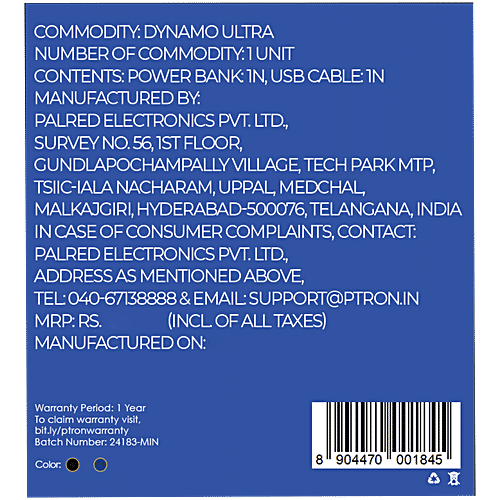 pTron Dynamo Ultra 20000 mAh 22.5 W Power Bank, Supports VOOC/Wrap/Dash Charging, 20 W Type-C Charging, Blue, 1 pc  