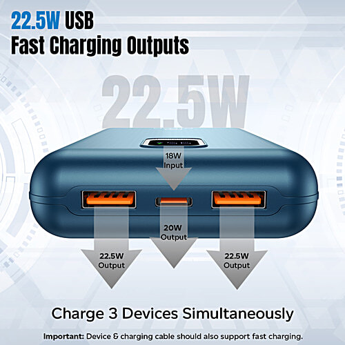 pTron Dynamo Ultra 20000 mAh 22.5 W Power Bank, Supports VOOC/Wrap/Dash Charging, 20 W Type-C Charging, Blue, 1 pc  