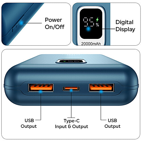 pTron Dynamo Ultra 20000 mAh 22.5 W Power Bank, Supports VOOC/Wrap/Dash Charging, 20 W Type-C Charging, Blue, 1 pc  